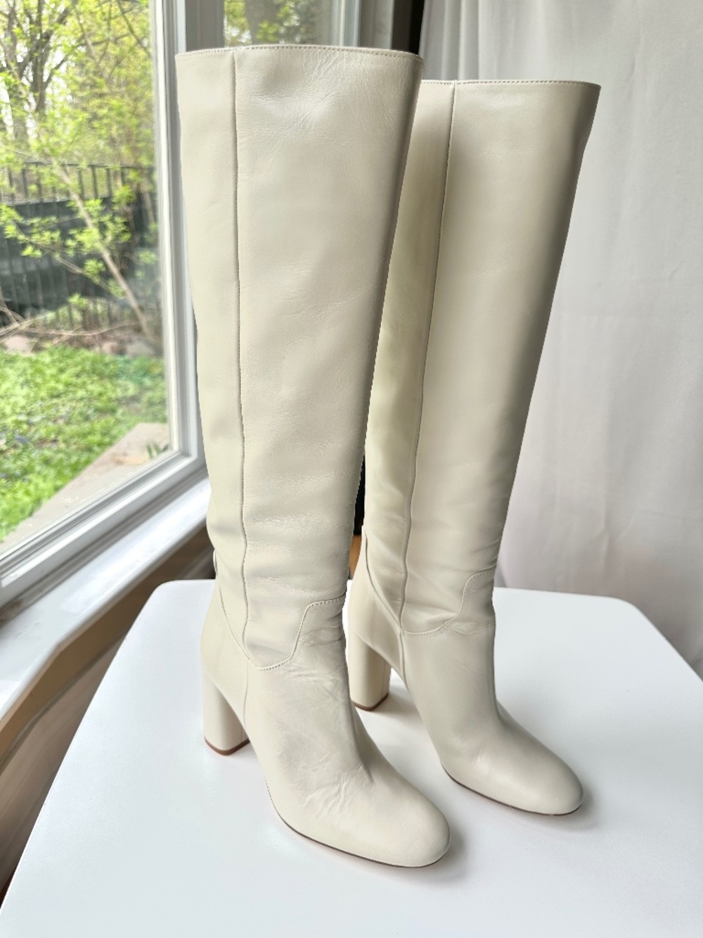 NWT Zara Off-white Cream Bone Knee-high Leather Boots Size 37 US 7